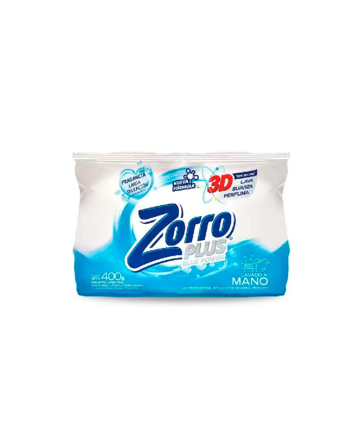 Jabón en Polvo Zorro Pus Blue Power Lavado A Mano 400 Gr